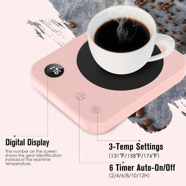 Mug Warmer, Coffee Mug Warmer with 3-Temp Settings, Coffee Warmer with 2-12H Timer, Coffee Cup Warmer with Auto Shut Off, Mug Warmer for Desk with Led Digital Display, Cup Warmer for Beverage,Pink
