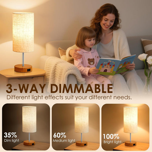 Table Lamp, 3 Way Dimmable Touch Bedside Lamps Set of 2, Lamps for Bedrooms with USB C&A Ports and AC outlet, Bedroom Lamp Set with Fabric Shade, Touch Lamp for Bedroom Living Room Dorm (Bulb Included