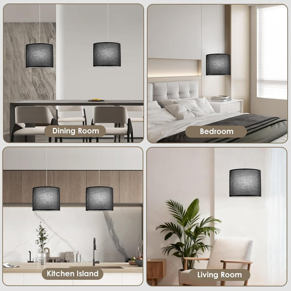 Plug in Pendant Light, 2 Pack Black Hanging Lamp, Height Adjustable Hanging Light Fixture, Fabric Shade Hanging Lights That Plug in, Plug in Ceiling Light for Bedroom Living Room Kitchen(No Bulb)