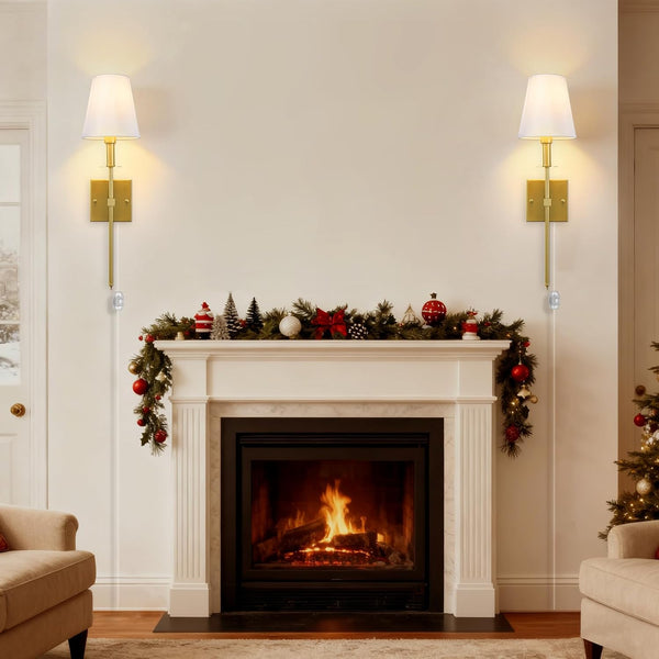 Wall Sconce, Dimmable Gold Wall Sconces Set of 2, Plug in Sconces Wall Lighting, E12 Based Wall Lamp with Fabric Shade, Classic Wall Light Indoor for Living Room Hallway Bathroom Bedroom(No Bulb)