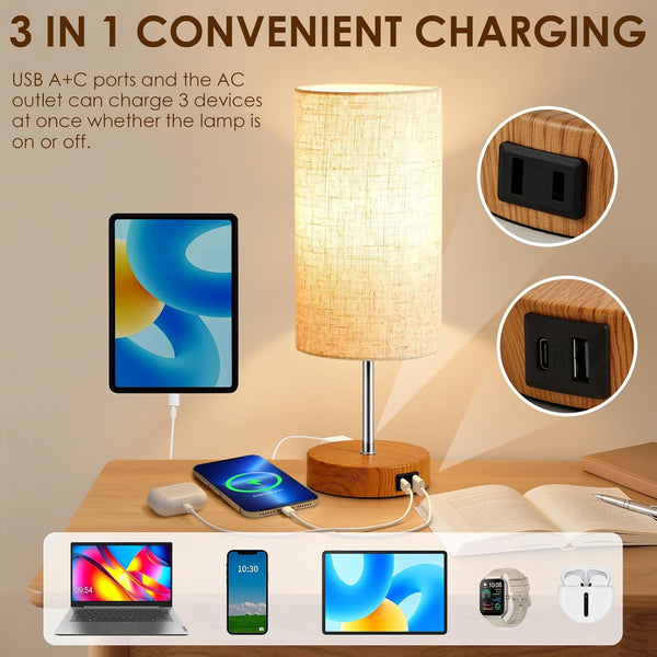 Table Lamp, 3 Way Dimmable Touch Bedside Lamps Set of 2, Lamps for Bedrooms with USB C&A Ports and AC outlet, Bedroom Lamp Set with Fabric Shade, Touch Lamp for Bedroom Living Room Dorm (Bulb Included