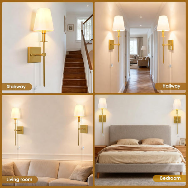 Wall Sconce, Dimmable Gold Wall Sconces Set of 2, Plug in Sconces Wall Lighting, E12 Based Wall Lamp with Fabric Shade, Classic Wall Light Indoor for Living Room Hallway Bathroom Bedroom(No Bulb)