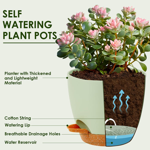 Plant Pots,5 Pack Self Watering Pots for Indoor Plants,7/6.5/6/5.5/5 Inch Flower Pots,Plant Pot Indoors with Drainage Holes and Reservoir Saucers,Premium Plastic Material Planters for Indoors Plants