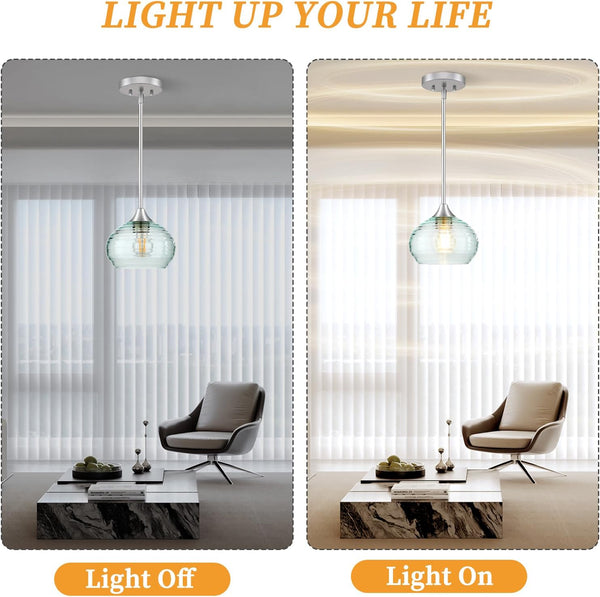 Pendant Light, Single Pendant Lights Kitchen Island Lighting with Adjustable Height 5"-42", Island Lights with Green Glass Shade, Green Pendant Lights for Living Room Bedroom Dining Room E26 Base