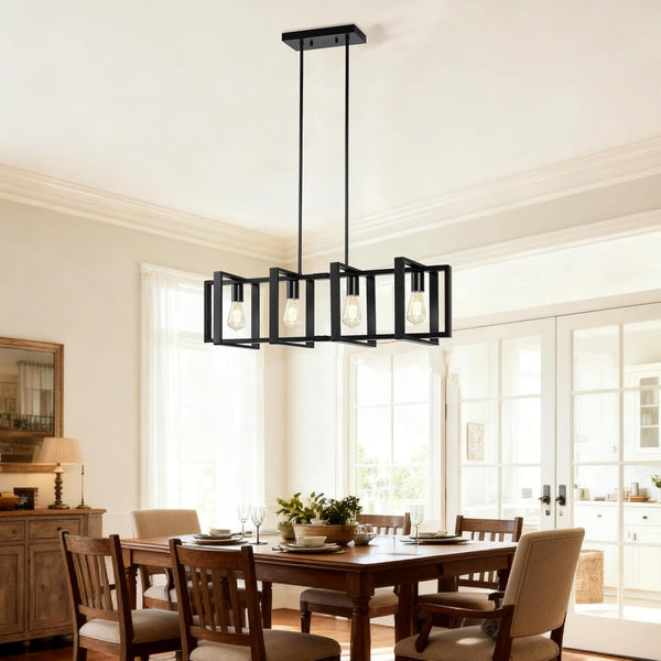 Dining Room Light Fixture, 4-Light Kitchen Island Lighting, Height Adjustable Island Lights For Kitchen, Black Linear Chandeliers For Dining Room, Metal Farmhouse Chandelier for Living Room(No Bulb)