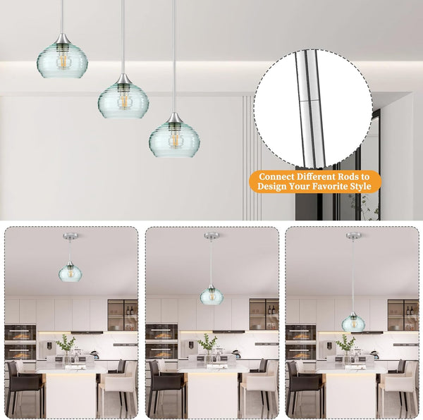 Pendant Light, Single Pendant Lights Kitchen Island Lighting with Adjustable Height 5"-42", Island Lights with Green Glass Shade, Green Pendant Lights for Living Room Bedroom Dining Room E26 Base