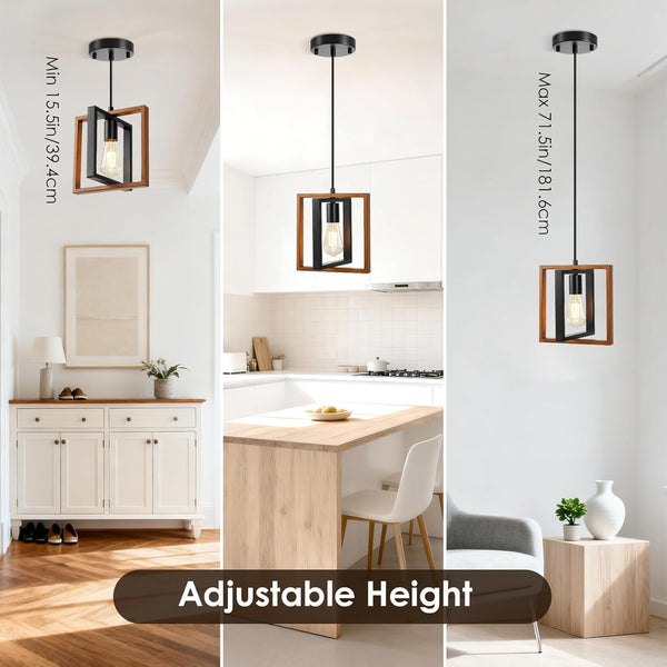 Pendant Lights Kitchen Island, 2 Pack Pendant Light, Adjustable Kitchen Island Lighting, Wood Grain Hanging Light Fixture with Metal Frames, Pendant Lights for Dining Room Hallway Entryway Living Room