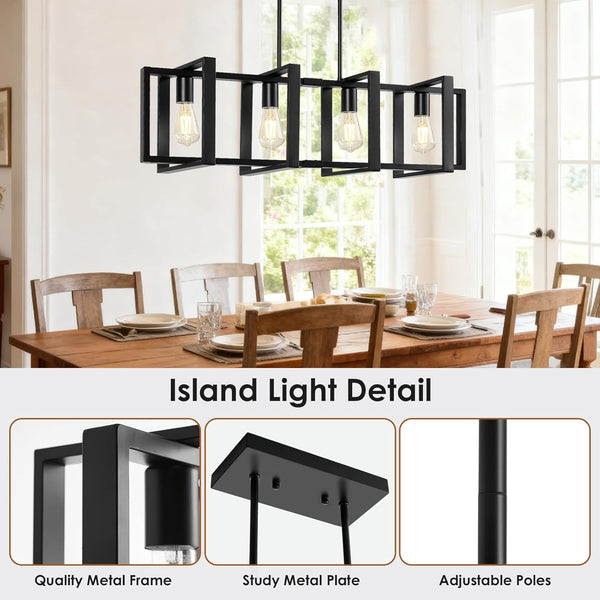 Dining Room Light Fixture, 4-Light Kitchen Island Lighting, Height Adjustable Island Lights For Kitchen, Black Linear Chandeliers For Dining Room, Metal Farmhouse Chandelier for Living Room(No Bulb)