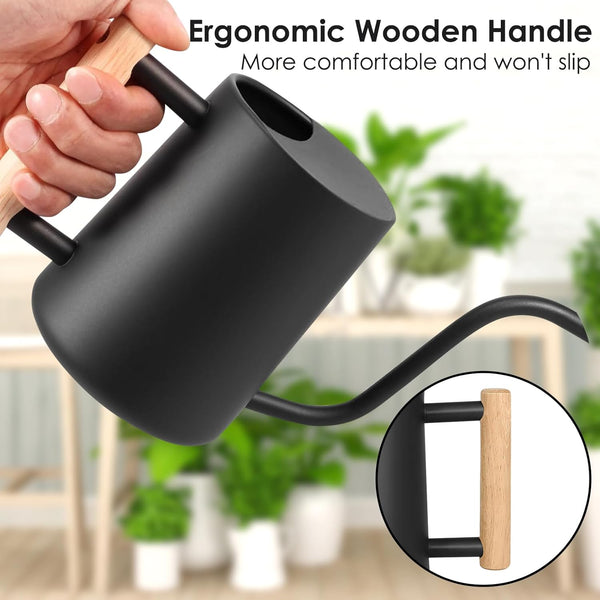 Watering Can, 35OZ/1000ML Watering Cans Outdoor, Rustproof Stainless Steel Watering Cans Indoor Plants, Semi Open Spill-Proof Outdoor Watering Can with Long Spout and Ergonomic Wooden Handle