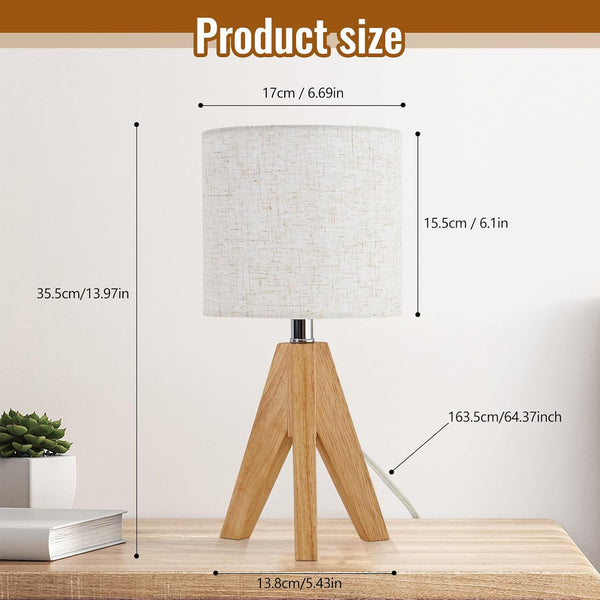 Table Lamp, Wooden Tripod Lamps for Bedrooms with Fabric Shade, Lamps for Bedrooms, 2 Pack Bedside Lamp with 60W Bulb, Lamps Living Room, Bedside Table Lamp for Bedroom, Living Room, Nursery, Office