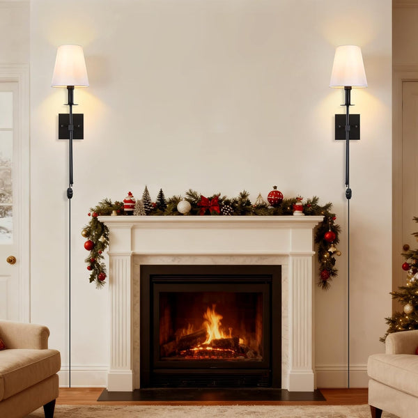 Wall Sconce, Black Wall Sconces Set of 2, Dimmable Plug in Sconces Wall Lighting, E12 Based Wall Lamp with Fabric Shade, Modern Wall Light Indoor for Bedroom Living Room Hallway Bathroom(No Bulb)