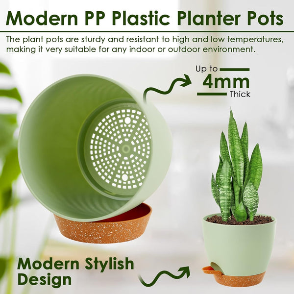 Plant Pots,5 Pack Self Watering Pots for Indoor Plants,7/6.5/6/5.5/5 Inch Flower Pots,Plant Pot Indoors with Drainage Holes and Reservoir Saucers,Premium Plastic Material Planters for Indoors Plants