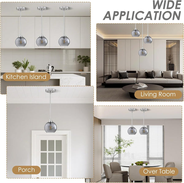 Pendant Light, Grey Glass Pendant Lights Kitchen Island Lighting 3 Pack, Island Lights with 42" Adjustable Rods, Modern Light Fixtures Ceiling Hanging for Bedroom Hallway Living Room Dining Room