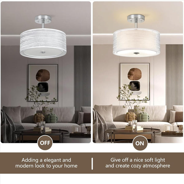Ceiling Light, 3-Light Ceiling Light Fixture, Semi Flush Mount Ceiling Light, Light Fixtures Ceiling Mount with Double Fabric Shade, Bedroom Lights for Ceiling,Gray Ceiling Light Fixtures for Bedroom