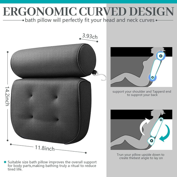 Bath Pillow,Bath Pillows for Tub with 6 Non-Slip Suction Cups,Breathable Bathtub Pillow 4D Air Mesh Bath Tub Pillow Headrest,Soft Tub Pillow Bathtub Accessories for Relaxing Neck and Back Support-Grey