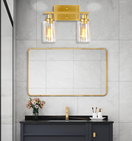 Gold Bathroom Light Fixtures, 2-Light Brushed Gold Vanity Lights, Bathroom Vanity Light with Clear Glass Shade, Modern Vanity Lights for Bathroom, Vanity Lights for Mirror for Bedroom Hallway E26 Base