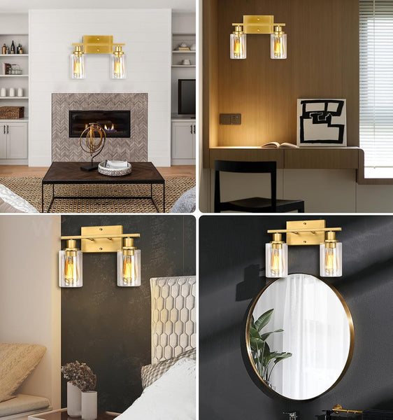 Gold Bathroom Light Fixtures, 2-Light Brushed Gold Vanity Lights, Bathroom Vanity Light with Clear Glass Shade, Modern Vanity Lights for Bathroom, Vanity Lights for Mirror for Bedroom Hallway E26 Base