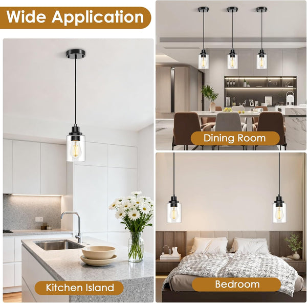 Pendant Light, 3 Pack Pendant Lights Kitchen Island, Black Hanging Light Fixture with 4"- 60" Adjustable Cord, Pendant Lights with Glass Shade,Metal Pendant Lighting for Bedroom Living Room Hallway