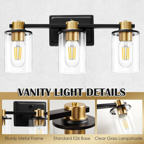 Bathroom Light Fixtures, Vanity Lights with 3 E26 Sockets, Brushed Gold&Black Bathroom Lighting Fixtures Over Mirror, Vanity Lights for Mirror with Glass Shades for Bedroom Living Room Washroom Light