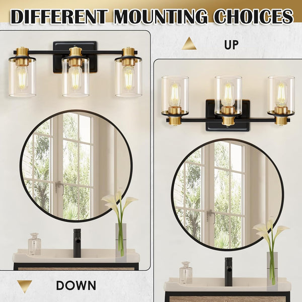 Bathroom Light Fixtures, Vanity Lights with 3 E26 Sockets, Brushed Gold&Black Bathroom Lighting Fixtures Over Mirror, Vanity Lights for Mirror with Glass Shades for Bedroom Living Room Washroom Light