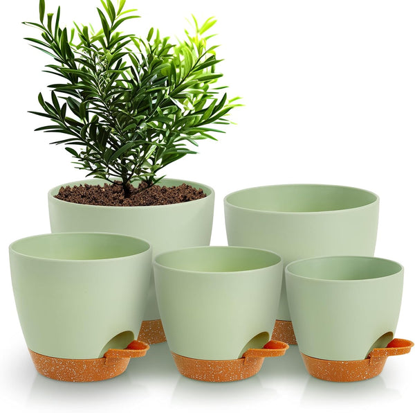 Plant Pots,5 Pack Self Watering Pots for Indoor Plants,7/6.5/6/5.5/5 Inch Flower Pots,Plant Pot Indoors with Drainage Holes and Reservoir Saucers,Premium Plastic Material Planters for Indoors Plants