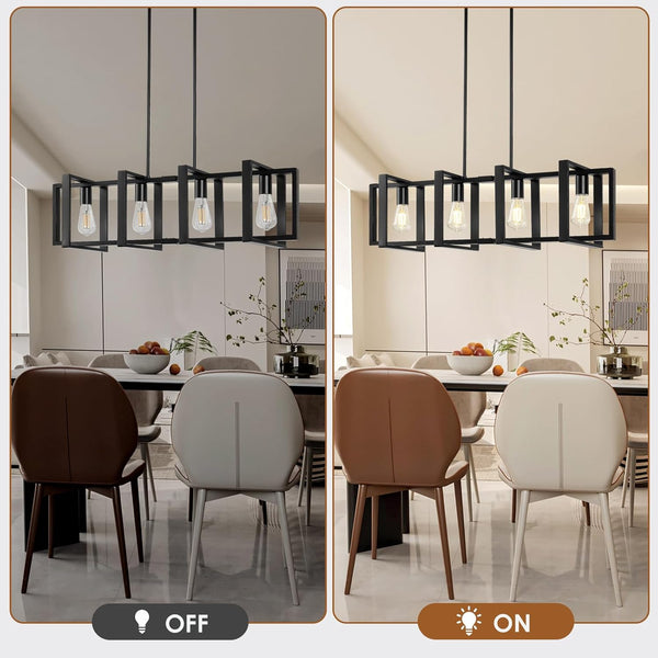 Dining Room Light Fixture, 4-Light Kitchen Island Lighting, Height Adjustable Island Lights For Kitchen, Black Linear Chandeliers For Dining Room, Metal Farmhouse Chandelier for Living Room(No Bulb)