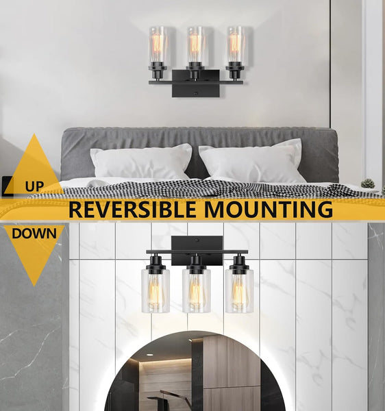 Bathroom Light Fixtures, 3-Light Vanity Lights, Black Bathroom Vanity Light with Clear Glass Shade, Modern Wall Lamp with Metal Frame, Wall lamps for Bedroom Washroom Living Room Hallway E26 Base