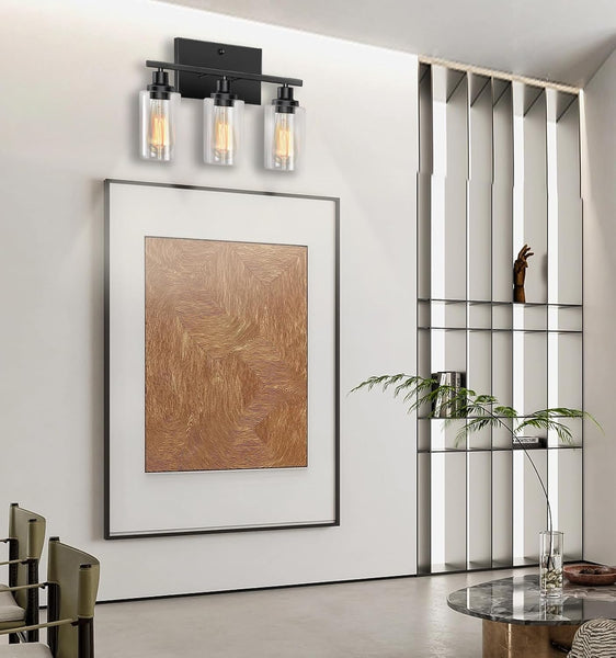 Bathroom Light Fixtures Over Mirror, 3-Light Vanity Lights for Bathroom with Clear Glass Shade,Matte Black Wall Lights indoor,Metal Bathroom Light Fixtures,Wall Lamps for Bedroom,Sconces Wall Lighting