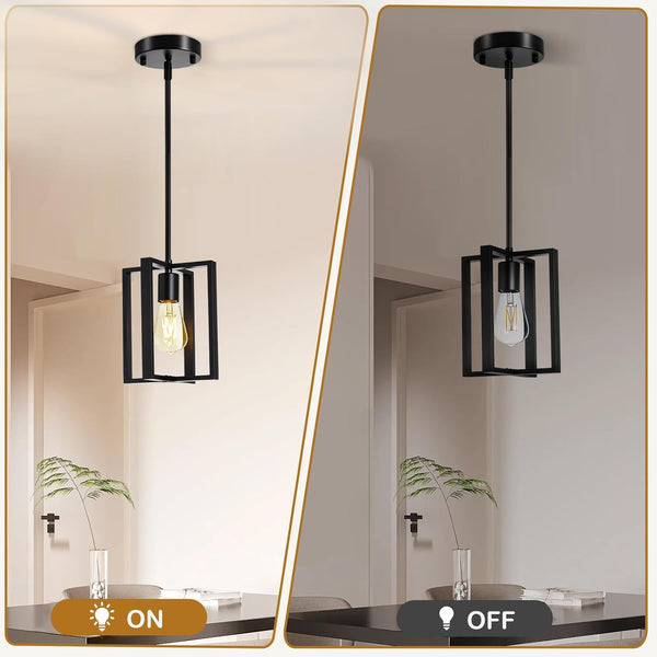 Pendant Light, Adjustable Height Farmhouse Pendant Light Fixtures, 1-Light Black Hanging Light Fixture for Flat&Sloped Ceiling, Metal Frame Pendant Lighting for Kitchen Island Dining Room Entryway