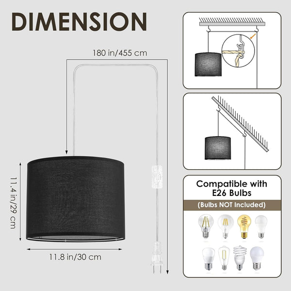 Plug in Pendant Light, 2 Pack Black Hanging Lamp, Height Adjustable Hanging Light Fixture, Fabric Shade Hanging Lights That Plug in, Plug in Ceiling Light for Bedroom Living Room Kitchen(No Bulb)