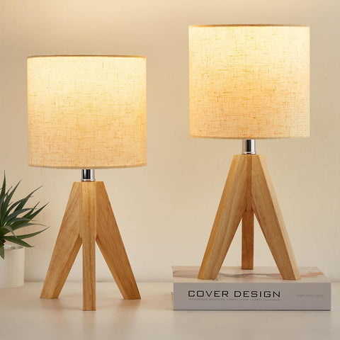 Table Lamp, Wooden Tripod Lamps for Bedrooms with Fabric Shade, Lamps for Bedrooms, 2 Pack Bedside Lamp with 60W Bulb, Lamps Living Room, Bedside Table Lamp for Bedroom, Living Room, Nursery, Office