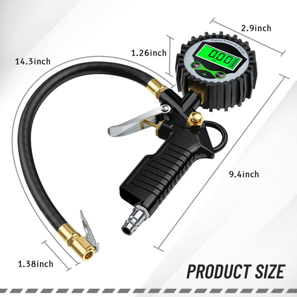 Tire Pressure Gauge, 3-in-1 Digital Tire Pressure Gauge, 250PSI Tire Pressure Gauge and Inflator, Heavy Duty Tire Pressure Gauge 7PCS Set, Tire Inflator with Pressure Gauge for Cars with Air Chuck