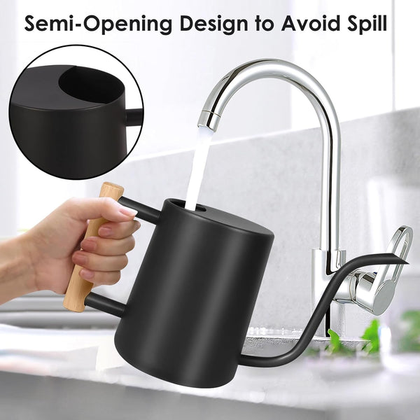 Watering Can, 35OZ/1000ML Watering Cans Outdoor, Rustproof Stainless Steel Watering Cans Indoor Plants, Semi Open Spill-Proof Outdoor Watering Can with Long Spout and Ergonomic Wooden Handle