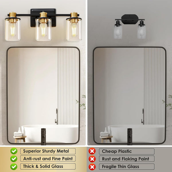 Bathroom Light Fixtures, Vanity Lights with 3 E26 Sockets, Brushed Gold&Black Bathroom Lighting Fixtures Over Mirror, Vanity Lights for Mirror with Glass Shades for Bedroom Living Room Washroom Light