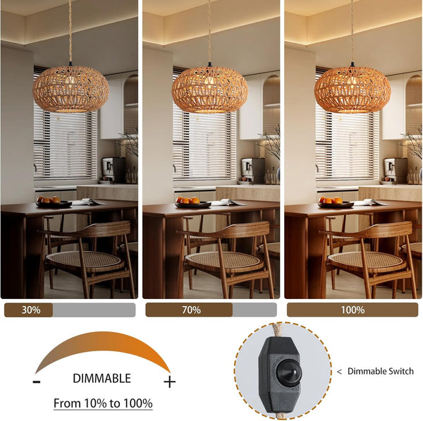 Hanging Lamp, 12 inch Hemp Rope Plug in Pendant Light, Boho Dimmable Hanging Light with 15ft Adjustable Cord, Hanging Lights That Plug in with Hook Design, E26 Hanging Lights for Bedroom Dining Room