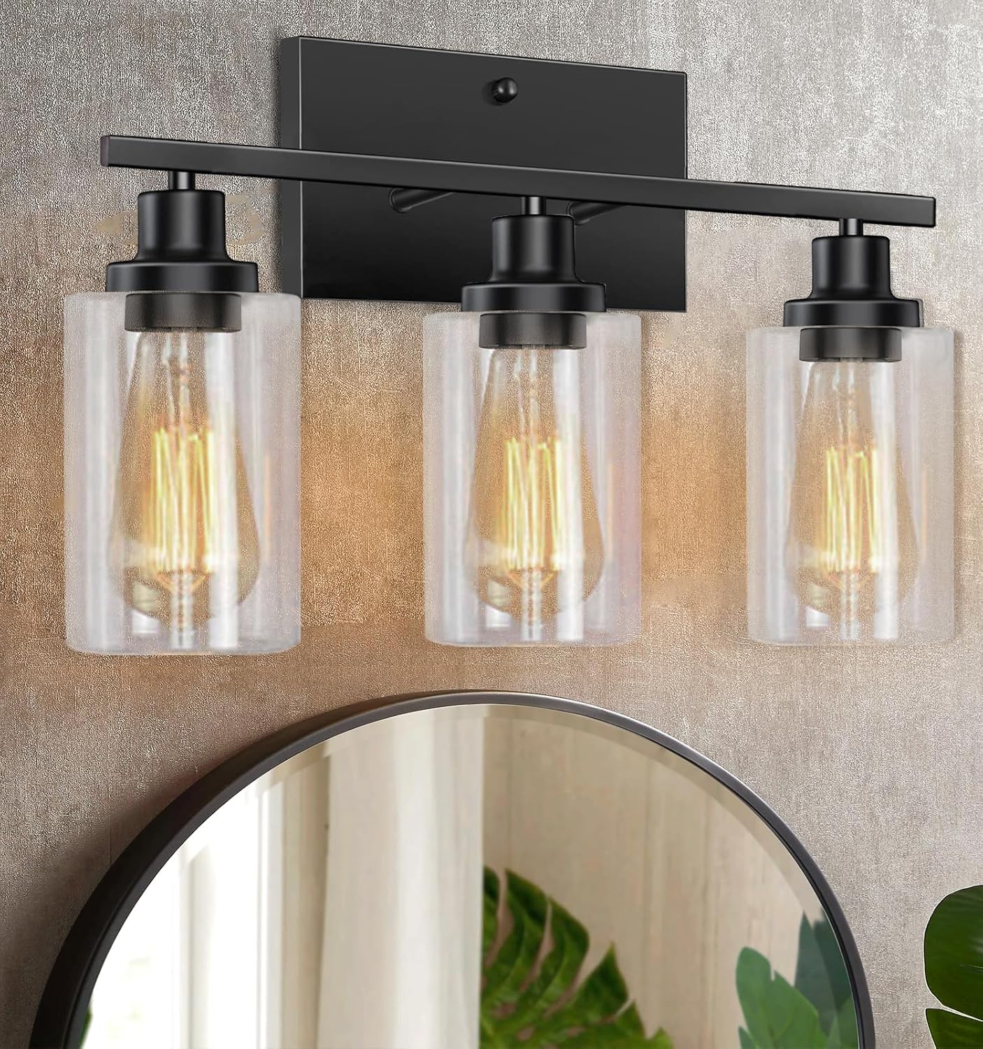 Bathroom Light Fixtures Over Mirror, 3-Light Vanity Lights for Bathroom with Clear Glass Shade,Matte Black Wall Lights indoor,Metal Bathroom Light Fixtures,Wall Lamps for Bedroom,Sconces Wall Lighting
