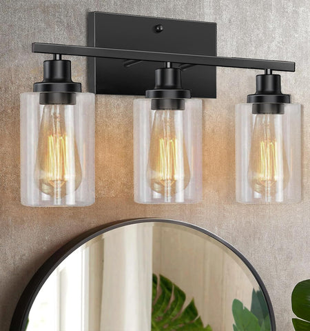 Bathroom Light Fixtures Over Mirror, 3-Light Vanity Lights for Bathroom with Clear Glass Shade,Matte Black Wall Lights indoor,Metal Bathroom Light Fixtures,Wall Lamps for Bedroom,Sconces Wall Lighting