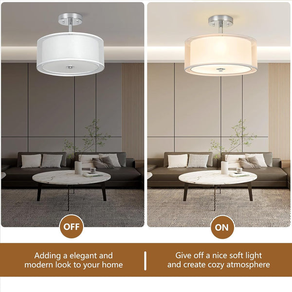 Ceiling Light, 3-Light Modern Light Fixtures Ceiling, Semi Flush Mount Ceiling Light, Ceiling Light Fixtures with Double Fabric Shade, Dining Room Light Fixtures, Bedroom Light Fixtures Ceiling