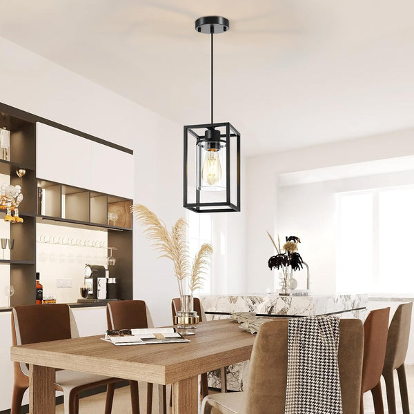 Pendant Lights Kitchen Island, 1 Pack Black Pendant Light, Adjustable Corded Pendant Light Fixtures with Glass Shade, Metal Frame Hanging Light Fixture, Kitchen Island Lighting for Entryway Bedroom