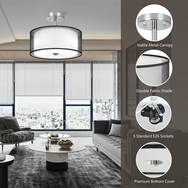 Ceiling Light, 3-Light Modern Light Fixtures Ceiling, Semi Flush Mount Ceiling Light, Ceiling Light Fixtures with Double Fabric Shade, Dining Room Light Fixtures, Bedroom Light Fixtures Ceiling