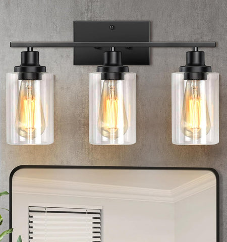 Bathroom Light Fixtures, 3-Light Vanity Lights, Black Bathroom Vanity Light with Clear Glass Shade, Modern Wall Lamp with Metal Frame, Wall lamps for Bedroom Washroom Living Room Hallway E26 Base