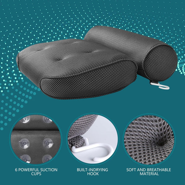Bath Pillow,Bath Pillows for Tub with 6 Non-Slip Suction Cups,Breathable Bathtub Pillow 4D Air Mesh Bath Tub Pillow Headrest,Soft Tub Pillow Bathtub Accessories for Relaxing Neck and Back Support-Grey
