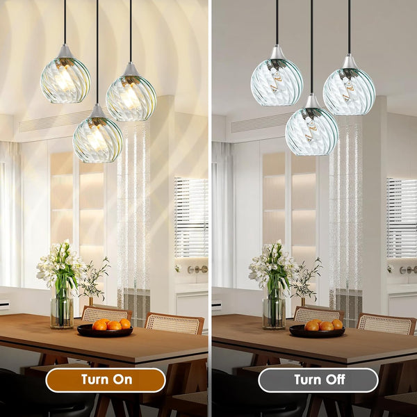 Pendant Light, Pendant Lights Kitchen Island 3 Pack with Glass Shades Twist Pattern, 60" Adjustable Cord Kitchen Island Lighting E26 Based, Green Island Lights for Bedroom Living Room Dining Room
