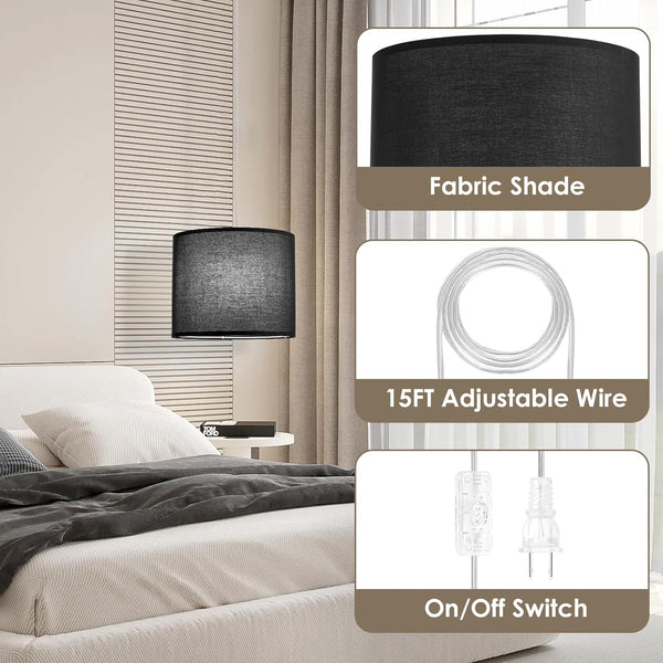 Plug in Pendant Light, 2 Pack Black Hanging Lamp, Height Adjustable Hanging Light Fixture, Fabric Shade Hanging Lights That Plug in, Plug in Ceiling Light for Bedroom Living Room Kitchen(No Bulb)