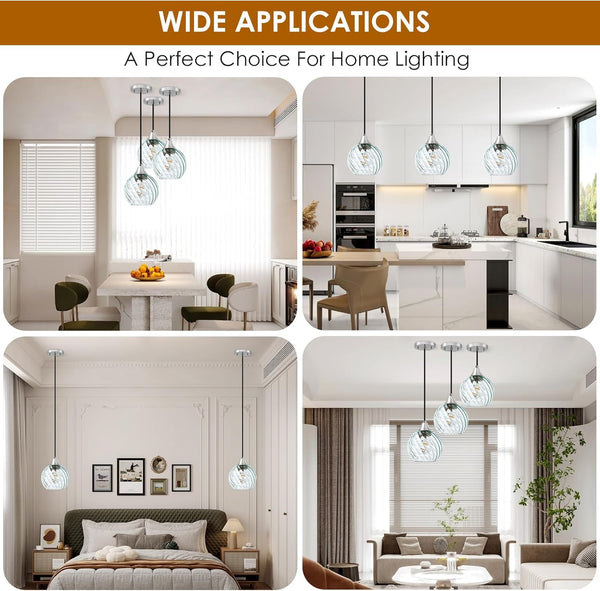 Pendant Light, Pendant Lights Kitchen Island 3 Pack with Glass Shades Twist Pattern, 60" Adjustable Cord Kitchen Island Lighting E26 Based, Green Island Lights for Bedroom Living Room Dining Room