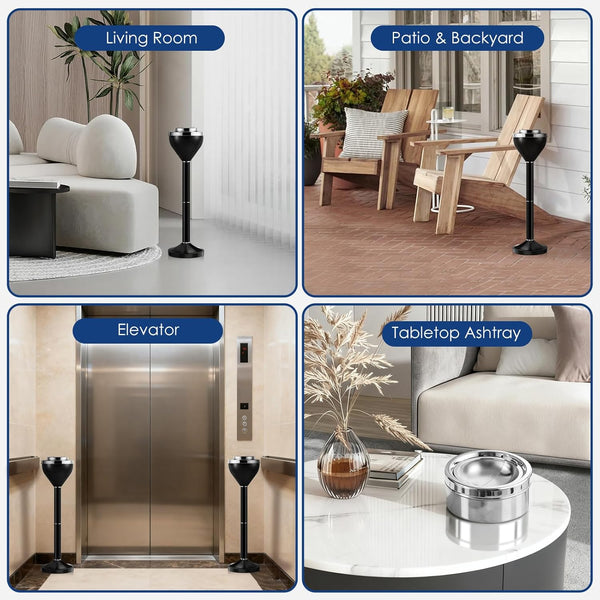 Ash Tray, Standing Cigar Ashtray, 16"&24.2" Adjustable Outdoor Ashtray, Black Ashtray Outdoor, Detachable Ashtrays with Lid and Weighted Base, Outdoor Ash Tray for Indoor Home Patio