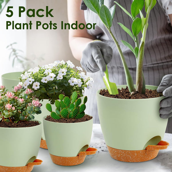 Plant Pots,5 Pack Self Watering Pots for Indoor Plants,7/6.5/6/5.5/5 Inch Flower Pots,Plant Pot Indoors with Drainage Holes and Reservoir Saucers,Premium Plastic Material Planters for Indoors Plants