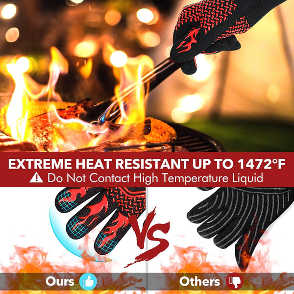 BBQ Gloves, 1472℉ Extreme Heat Resistant Gloves with Long Cuff, Washable Oven Gloves, Grilling Gloves for Most Hands Size, Durable Silicone Grill Gloves for Barbecue Baking Grilling (13.6 Inch-Red)