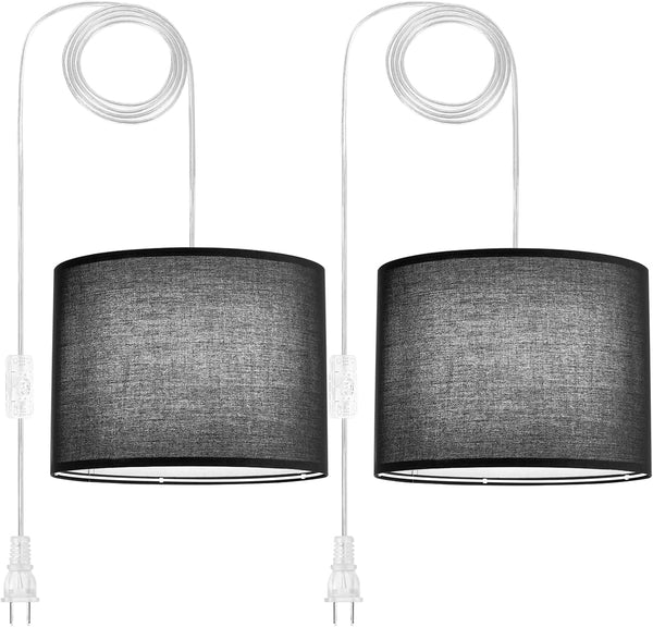 Plug in Pendant Light, 2 Pack Black Hanging Lamp, Height Adjustable Hanging Light Fixture, Fabric Shade Hanging Lights That Plug in, Plug in Ceiling Light for Bedroom Living Room Kitchen(No Bulb)