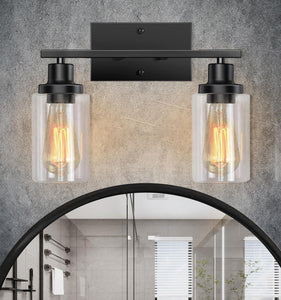 Bathroom Light Fixtures Over Mirror, 2-Light Vanity Light with Glass Shade, Matte Black Bathroom Light Fixtures, Modern Vanity Lights for Bathroom, Metal Bathroom Vanity Light Fixtures Bathroom Light
